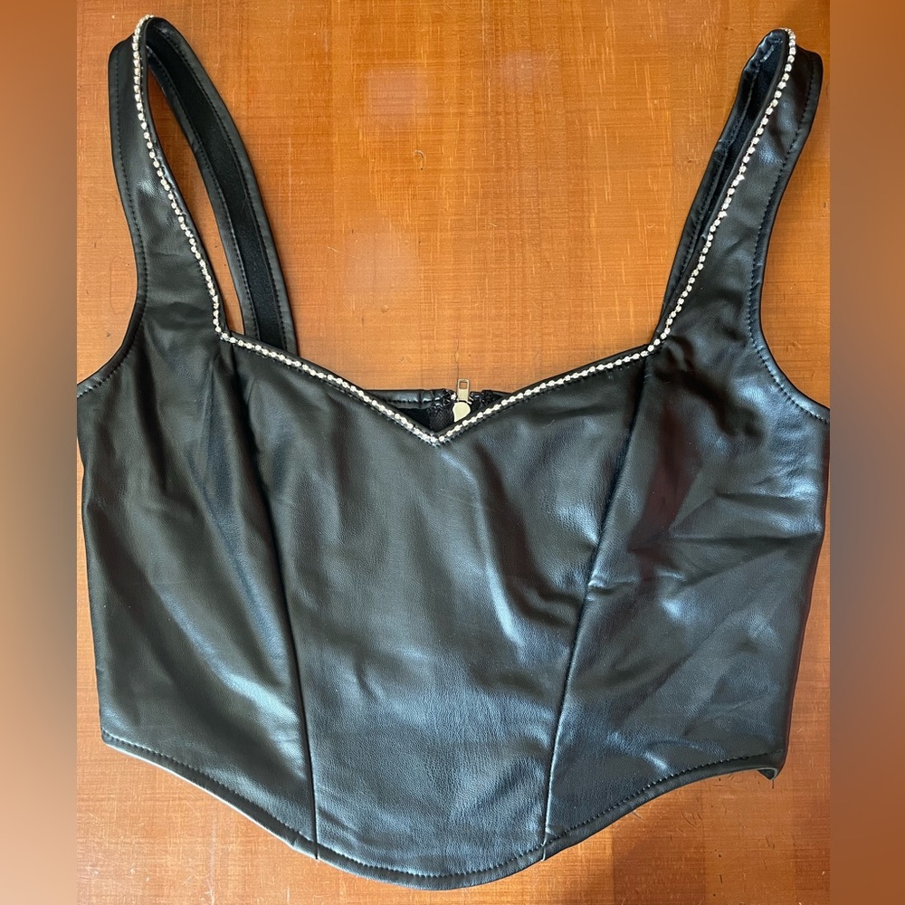 Faux Leather Corset Top with Rhinestones